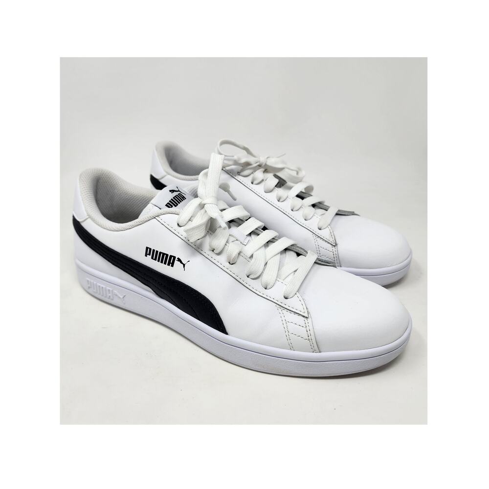 Puma Smash V2 Sneakers Men 10.5 White Leather Black Stripe Low Top 365215-01